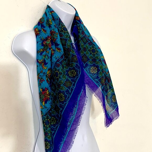 Colorful Blues Peacock Floral Motif Square Lightweight Gauze Scarf 31” x 31” - Picture 3 of 3